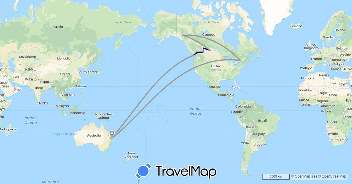 TravelMap itinerary: driving, plane, train in Australia, Canada (North America, Oceania)